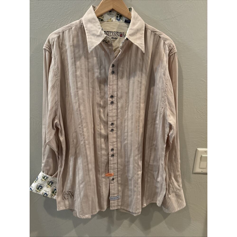 John Lennon Shirt Mens XL Stripe Grid Long Sleeve Button Up Peace Embroidered